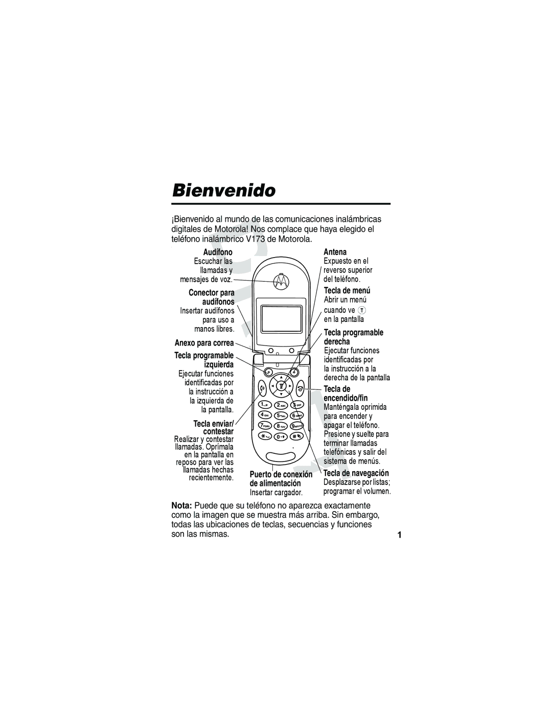 Motorola V173 manual Bienvenido, Nota Puede que su teléfono no aparezca exactamente, Son las mismas 