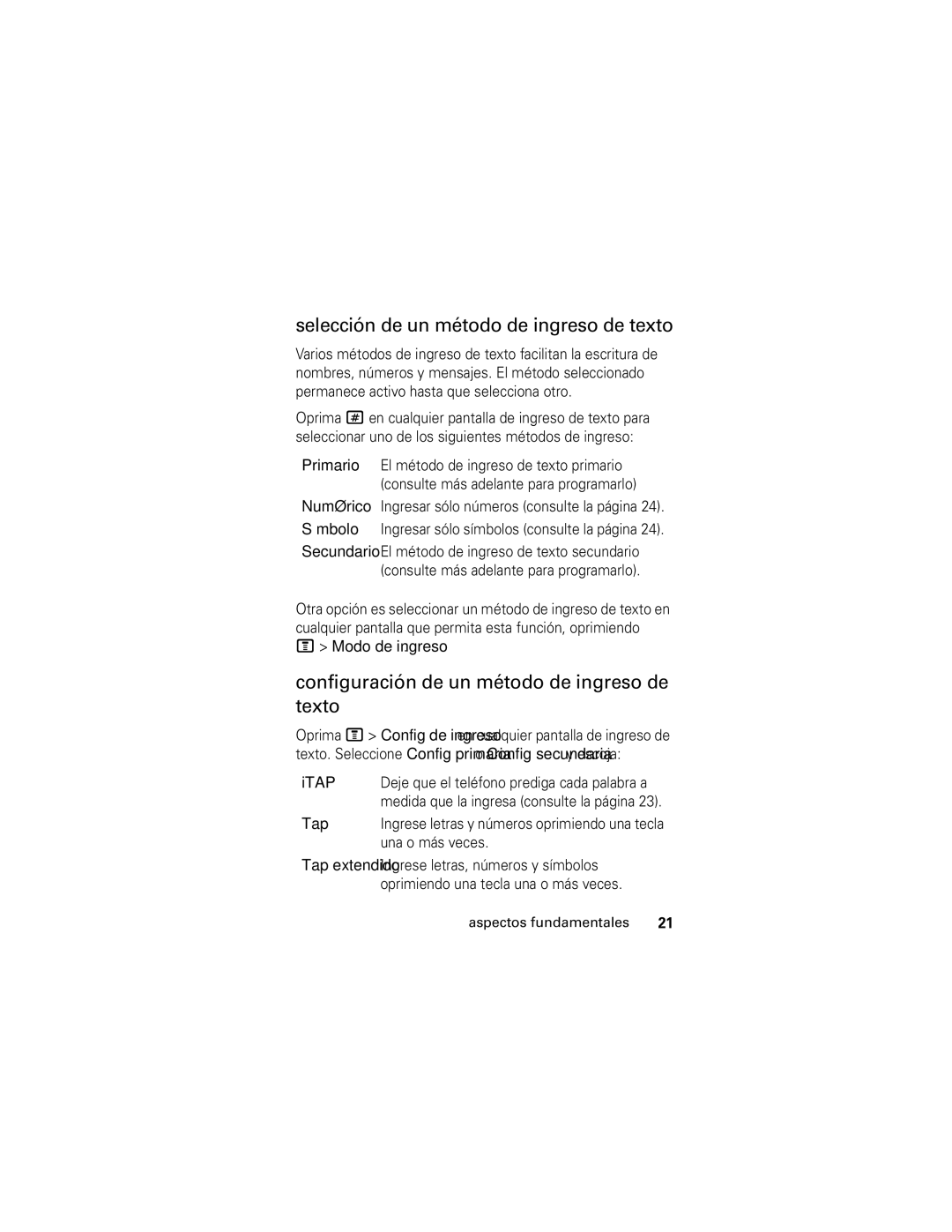 Motorola V176 manual Selección de un método de ingreso de texto, Configuración de un método de ingreso de texto 