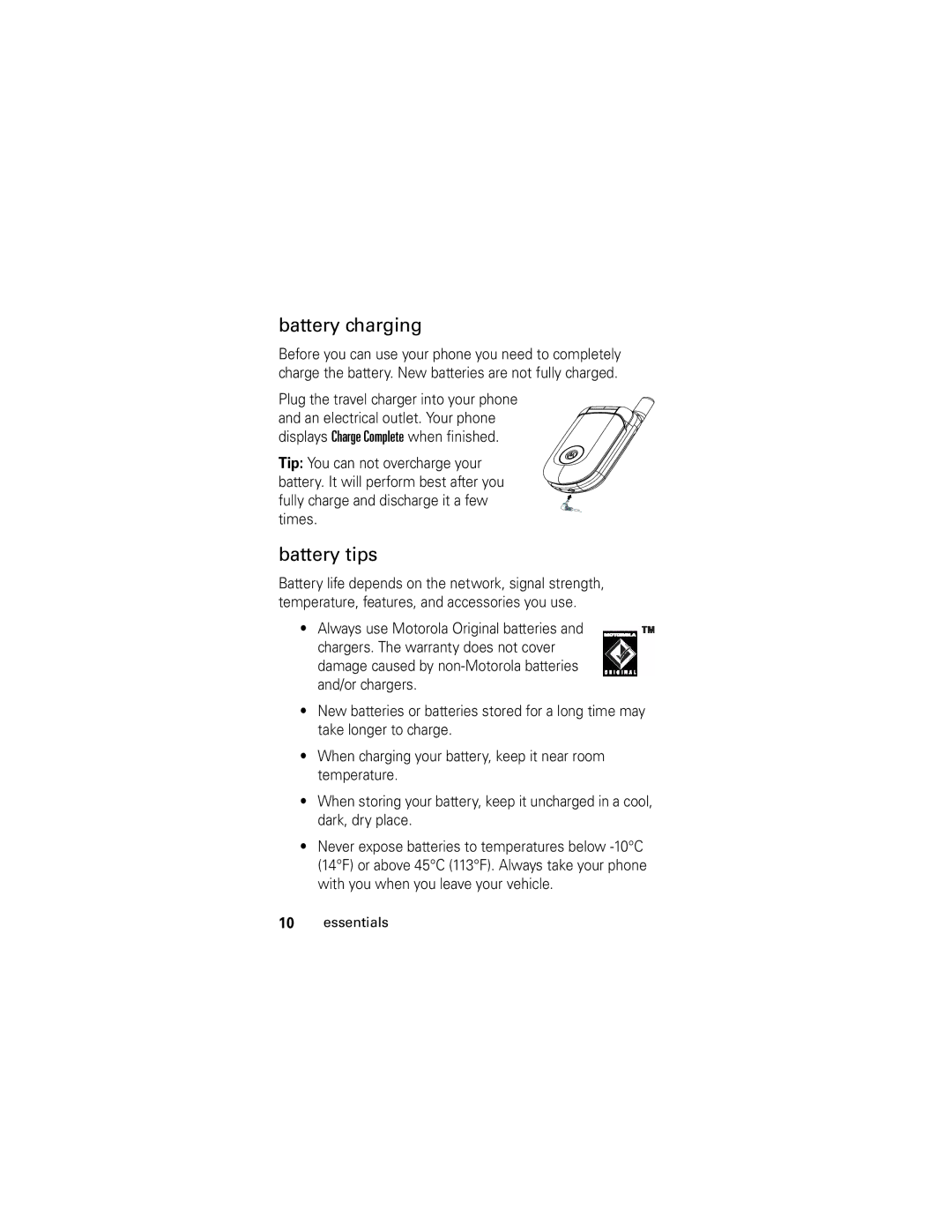 Motorola V176 manual Battery charging, Battery tips 