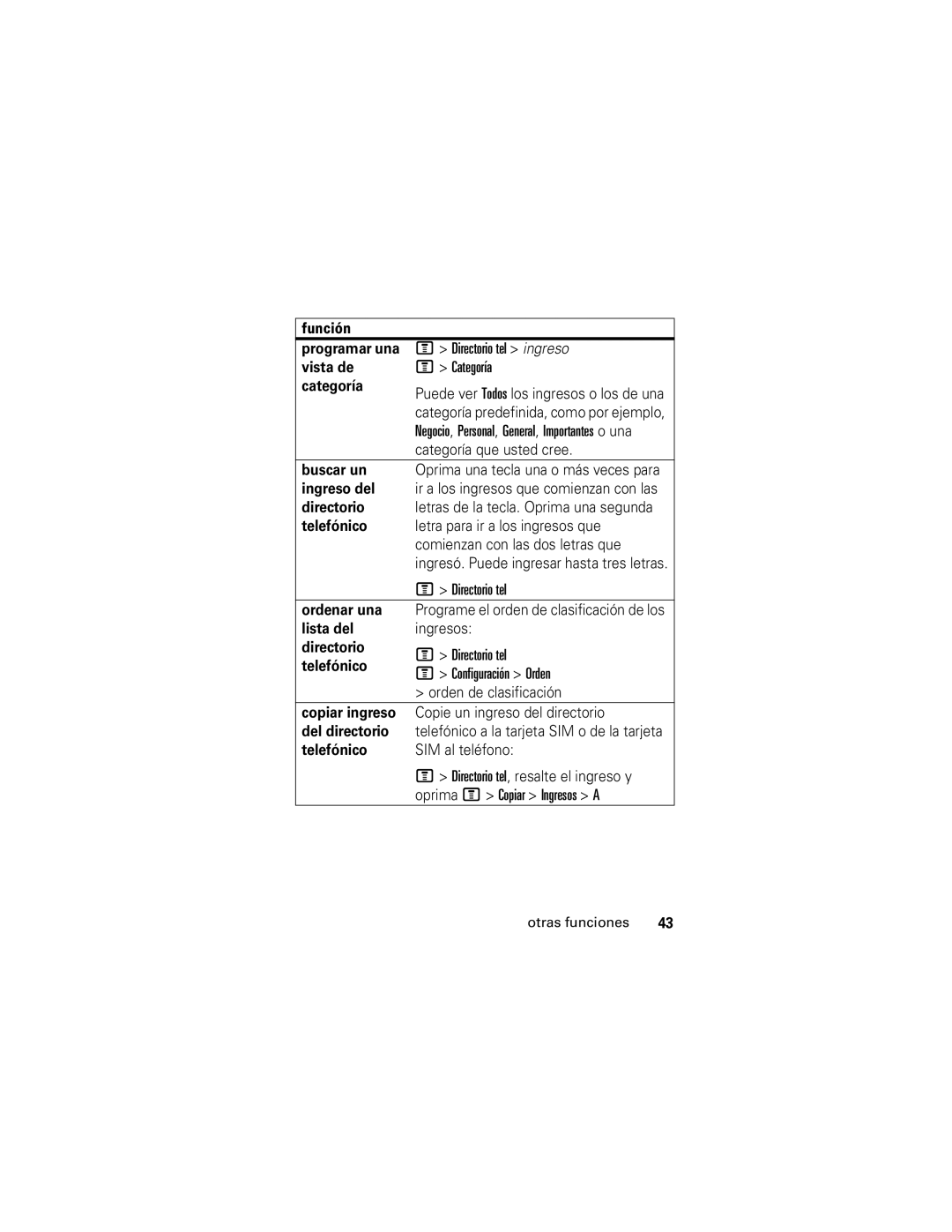 Motorola V176 manual Categoría que usted cree, Buscar un, Ingreso del, Directorio tel, Ordenar una 