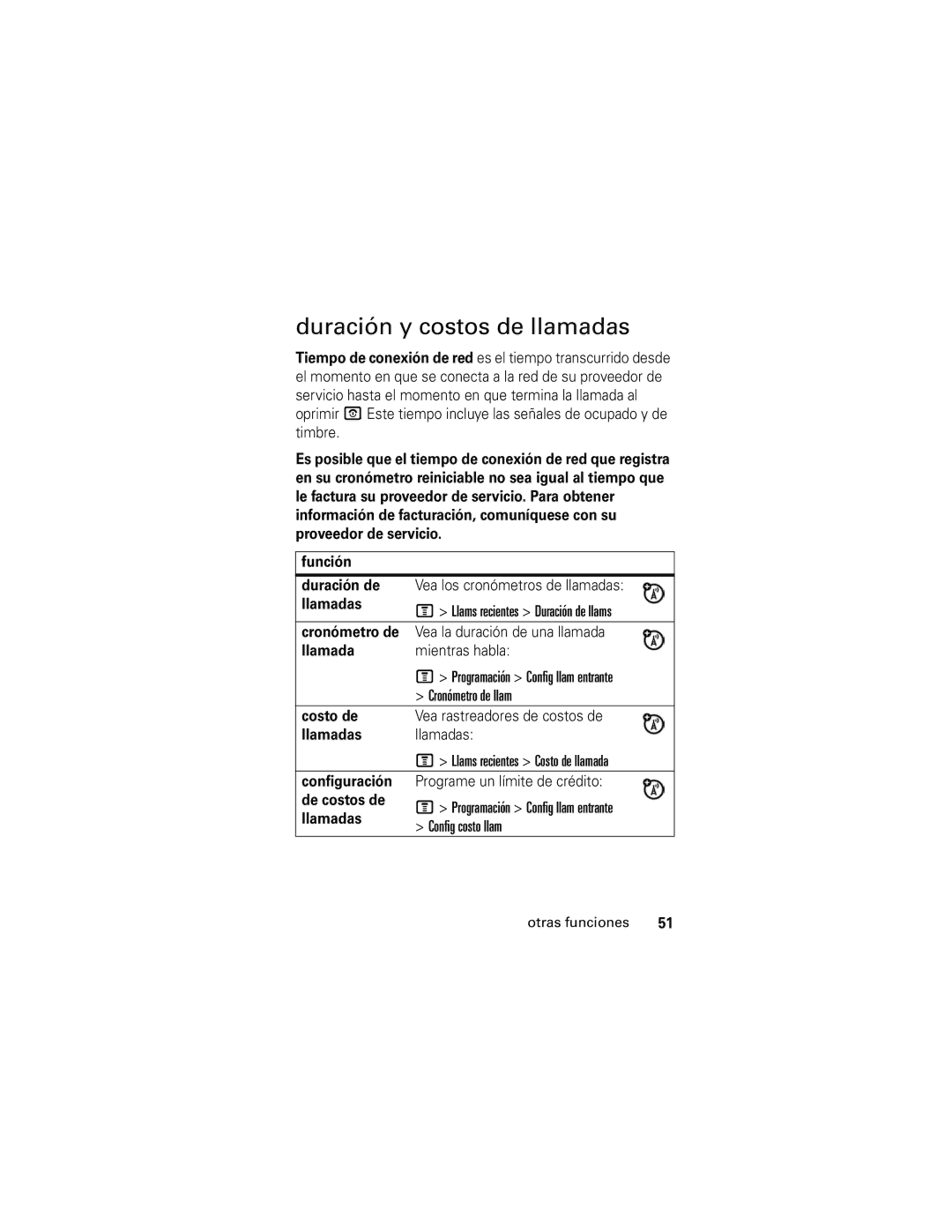 Motorola V176 manual Duración y costos de llamadas, Cronómetro de Vea la duración de una llamada, Llamada Mientras habla 