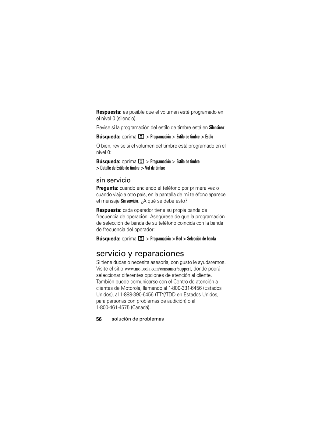 Motorola V176 manual Servicio y reparaciones, Sin servicio, Búsqueda oprima M Programación Red Selección de banda 