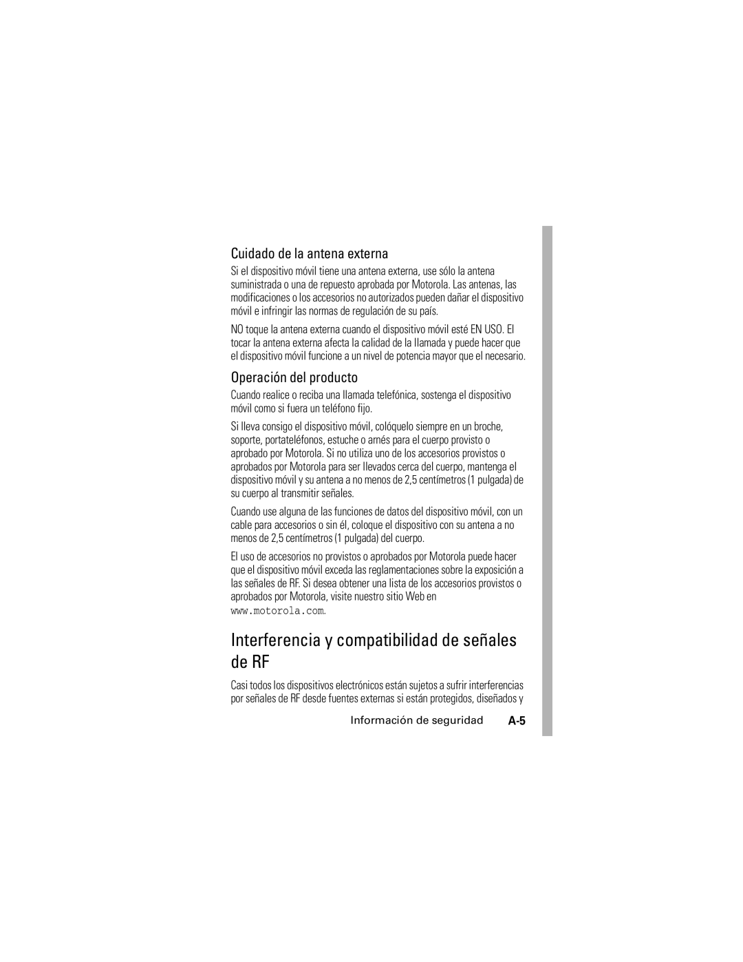 Motorola V176 manual Interferencia y compatibilidad de señales de RF, Información de seguridad 