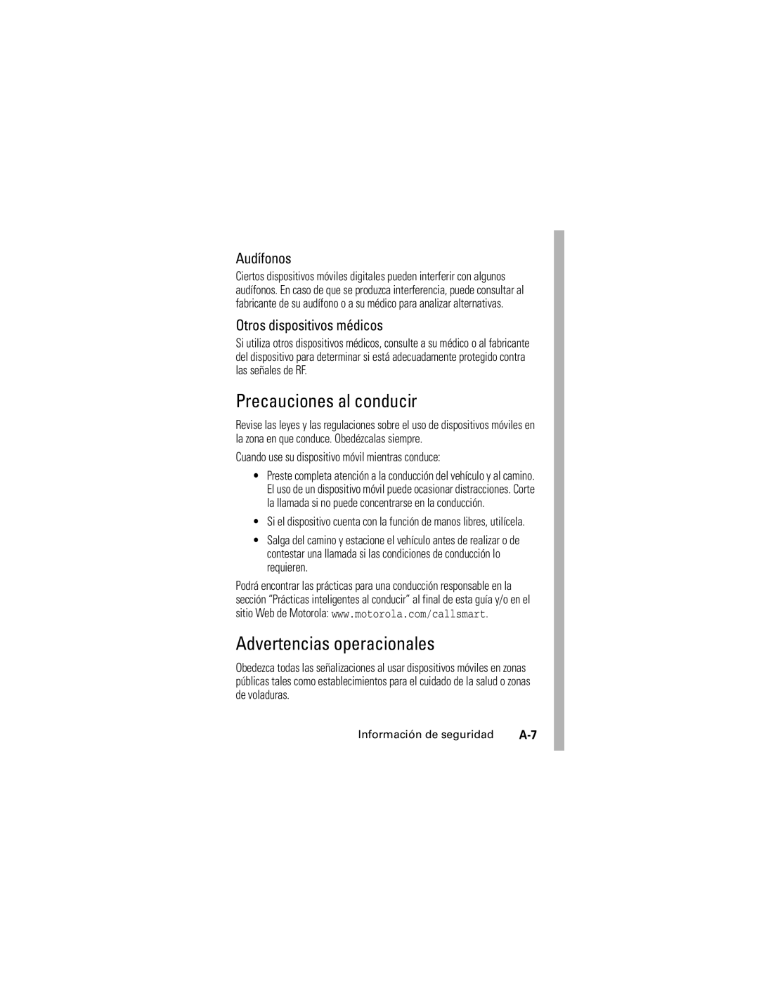 Motorola V176 manual Precauciones al conducir, Advertencias operacionales, Cuando use su dispositivo móvil mientras conduce 