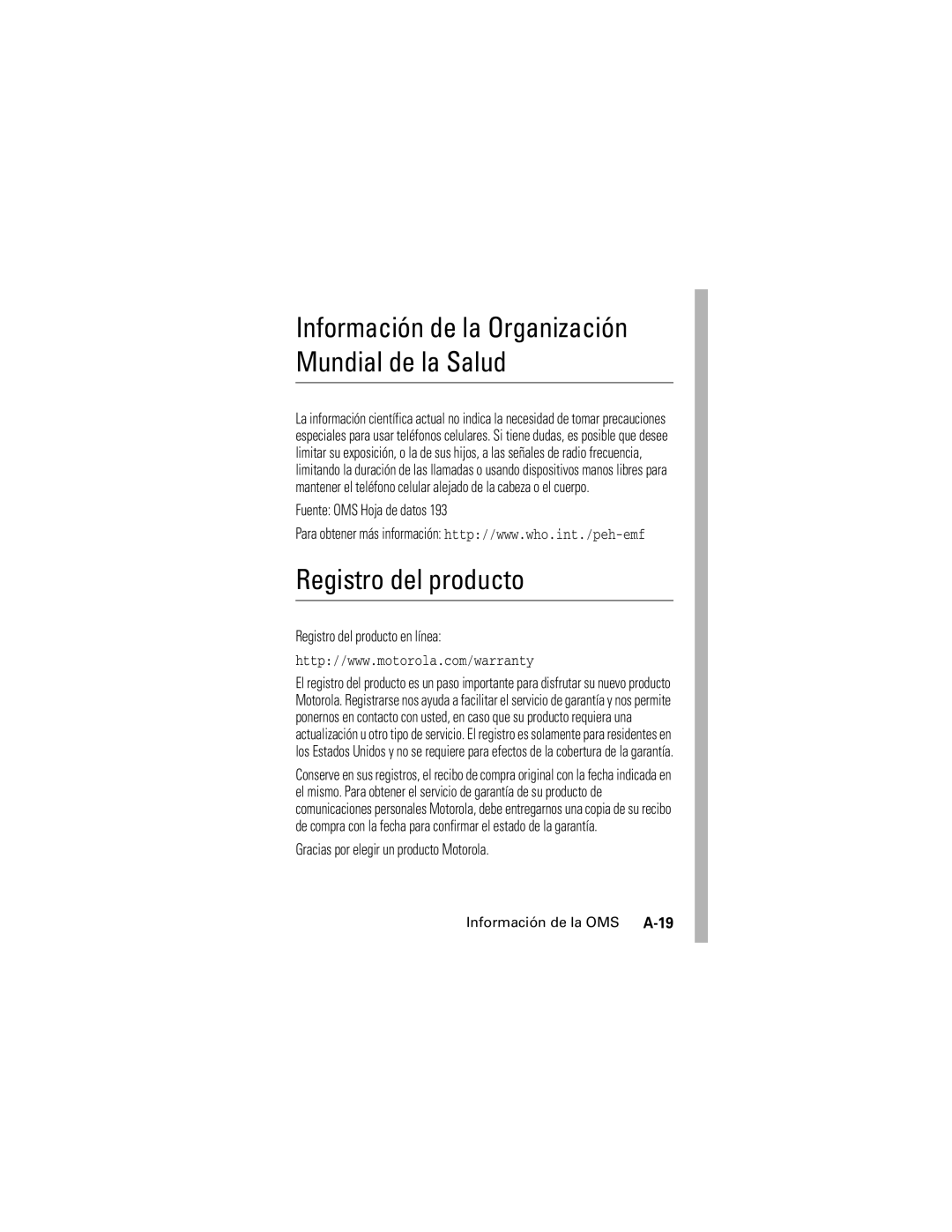 Motorola V176 manual Fuente OMS Hoja de datos, Registro del producto en línea, Gracias por elegir un producto Motorola 