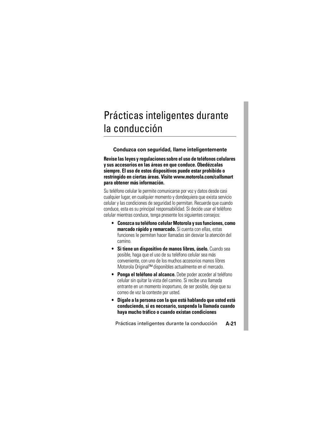 Motorola V176 manual Prácticas inteligentes durante la conducción, Conduzca con seguridad, llame inteligentemente 