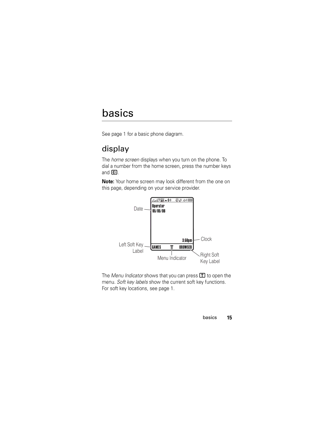 Motorola V176 manual Basics, Display, See page 1 for a basic phone diagram 