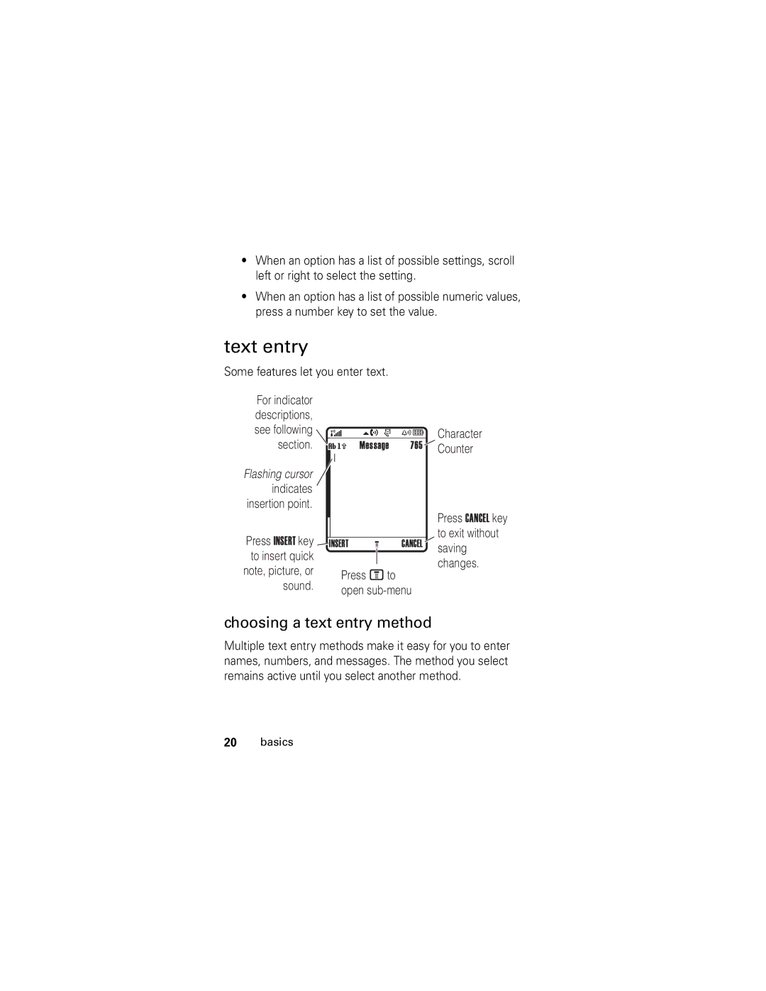 Motorola V176 manual Text entry, Choosing a text entry method 