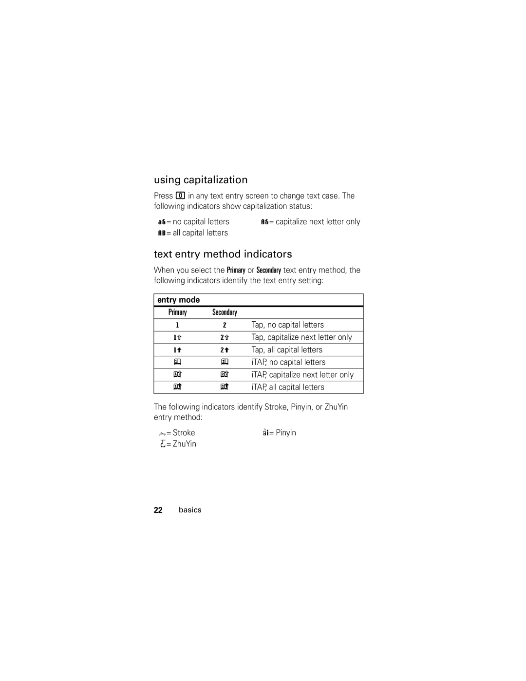 Motorola V176 manual Using capitalization, Text entry method indicators, Entry mode 