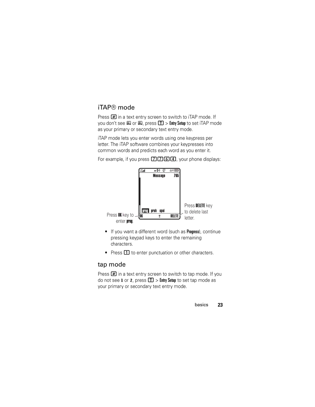 Motorola V176 manual ITAP mode, Tap mode, For example, if you press 7764, your phone displays 