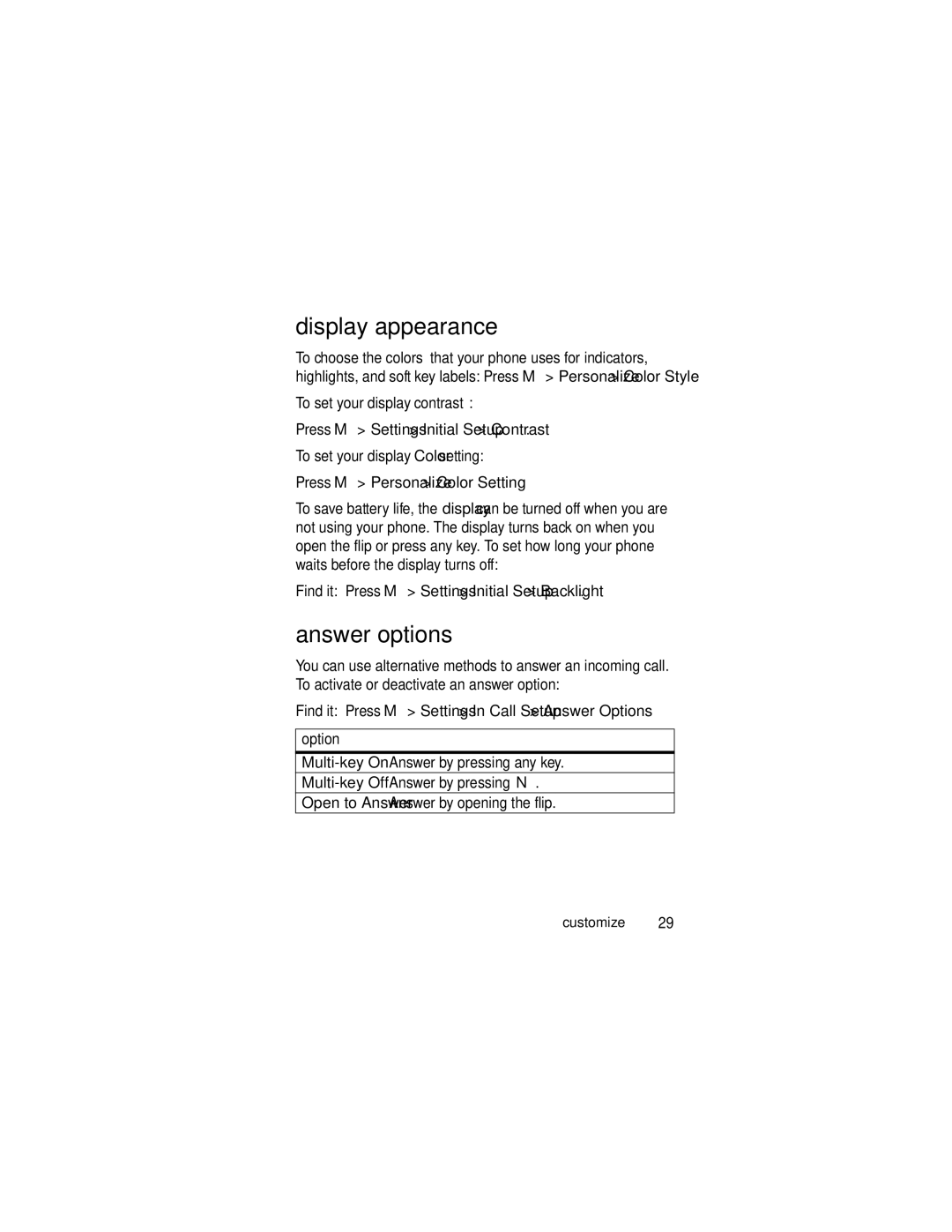 Motorola V176 manual Display appearance, Answer options, Find it Press M Settings In Call Setup Answer Options 