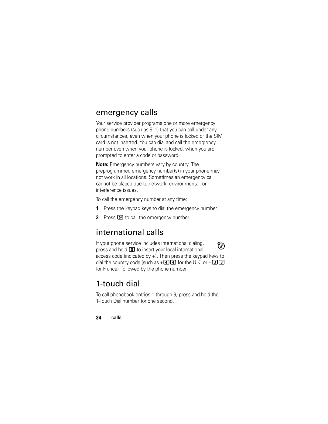 Motorola V176 manual Emergency calls, International calls, Touch dial 