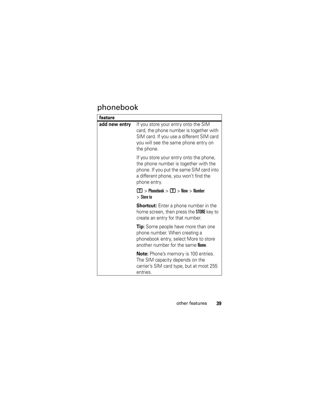 Motorola V176 manual Phonebook, Feature 