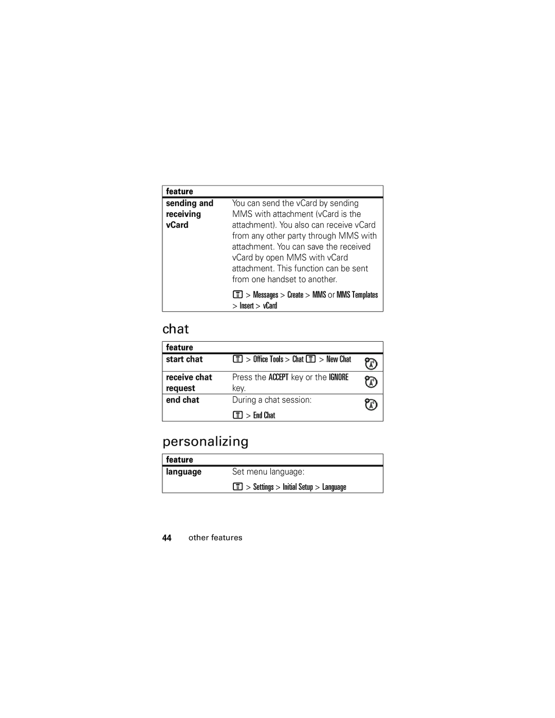 Motorola V176 manual Chat, Personalizing 