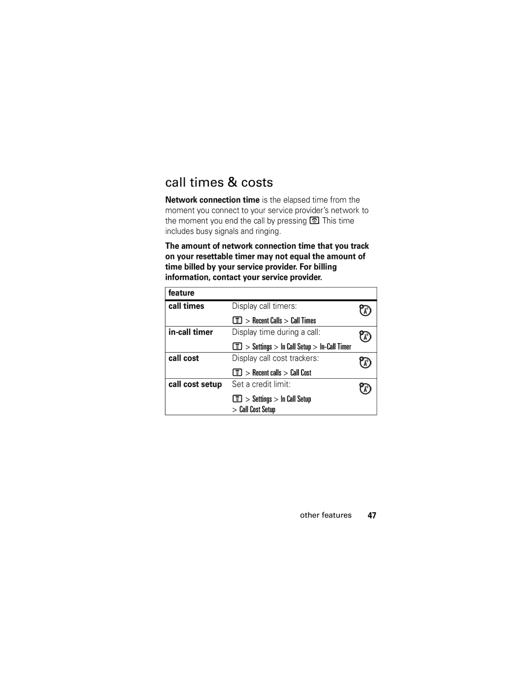 Motorola V176 manual Call times & costs, Feature Call times, Call cost, Display call cost trackers 