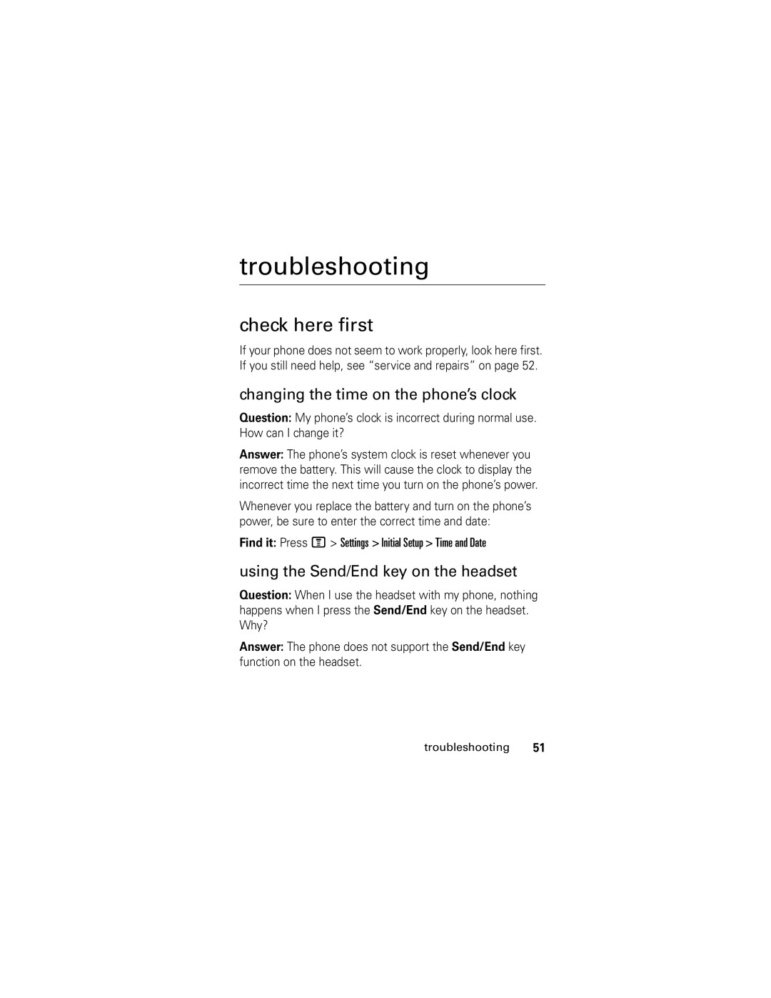 Motorola V176 manual Troubleshooting, Check here first, Changing the time on the phone’s clock 