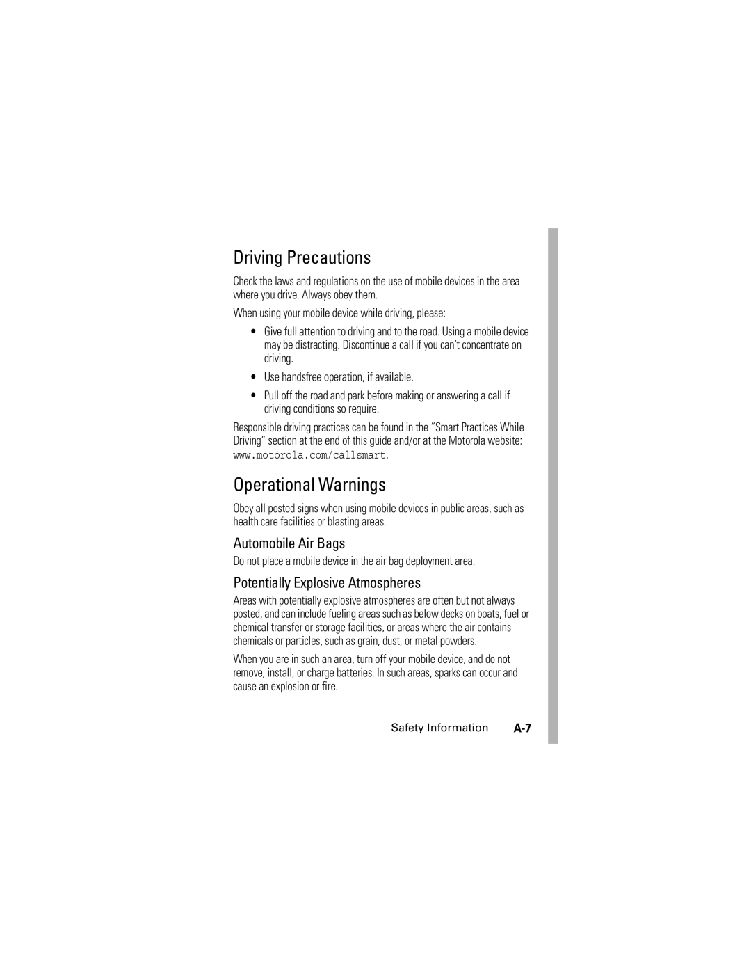 Motorola V176 manual Driving Precautions, Operational Warnings, Do not place a mobile device in the air bag deployment area 