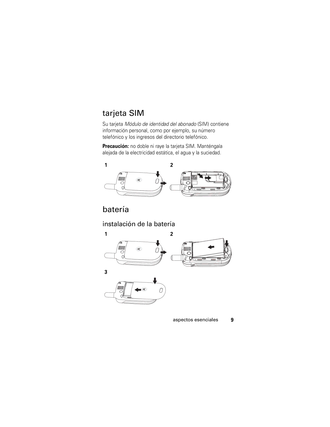 Motorola V176 manual Tarjeta SIM, Batería, Instalación de la batería 