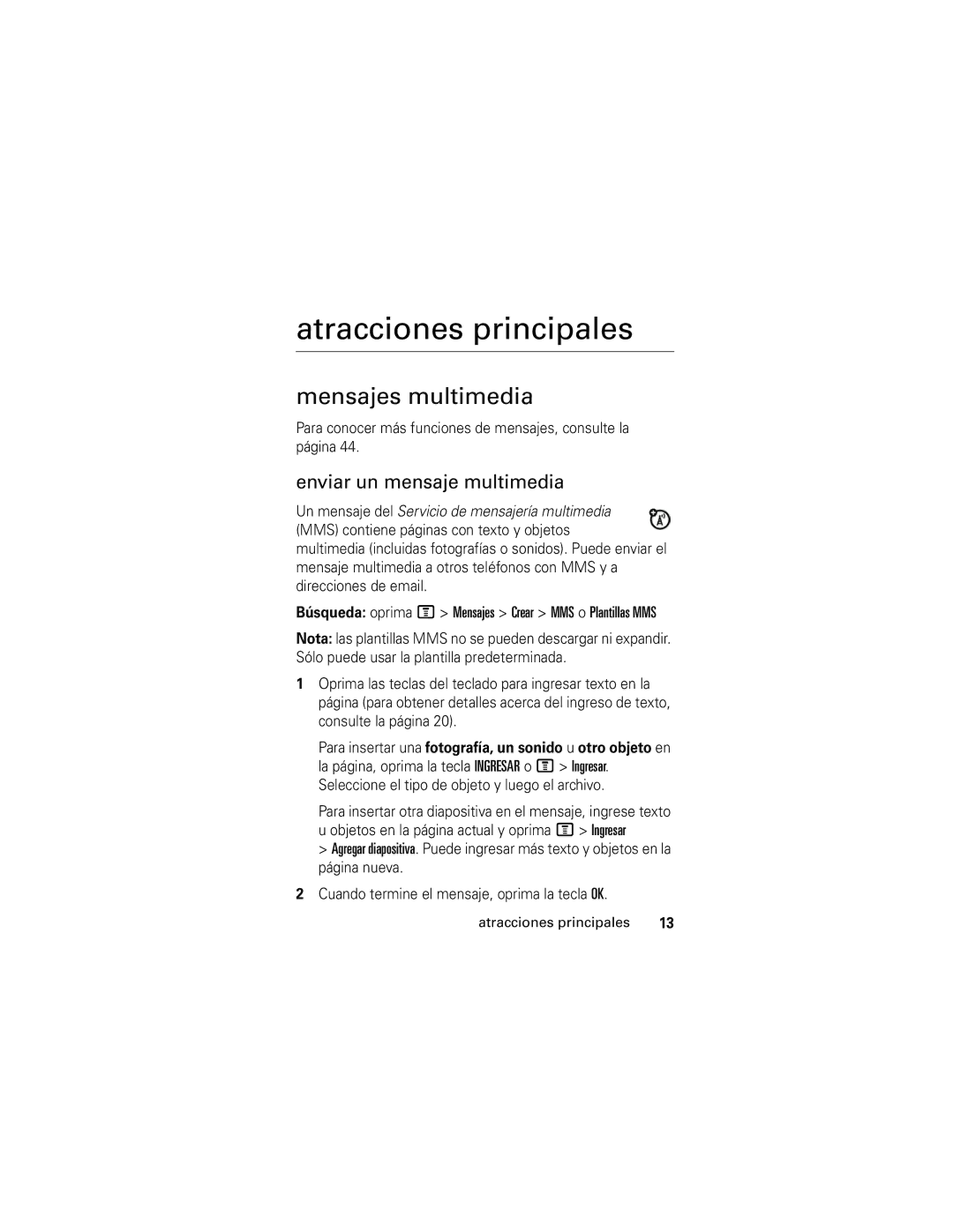 Motorola V176 manual Atracciones principales, Mensajes multimedia, Enviar un mensaje multimedia 