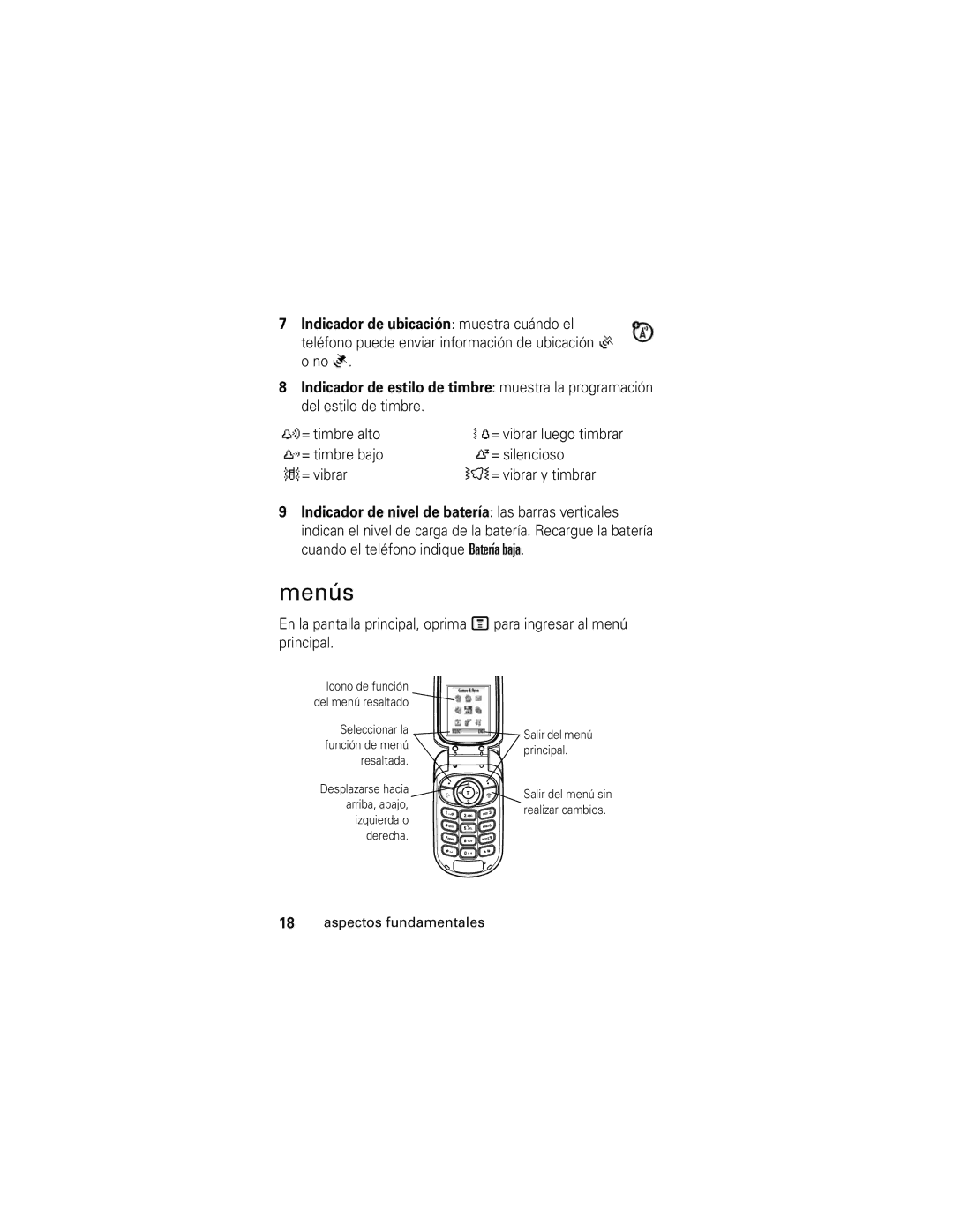 Motorola V176 manual Menús, = timbre alto, = timbre bajo = silencioso = vibrar = vibrar y timbrar, = vibrar luego timbrar 