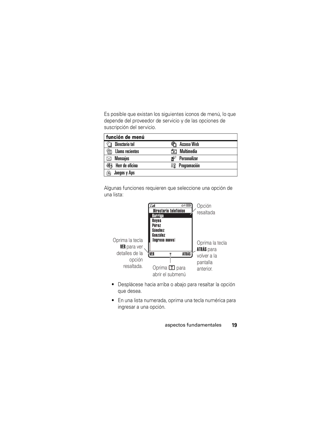 Motorola V176 manual Función de menú 