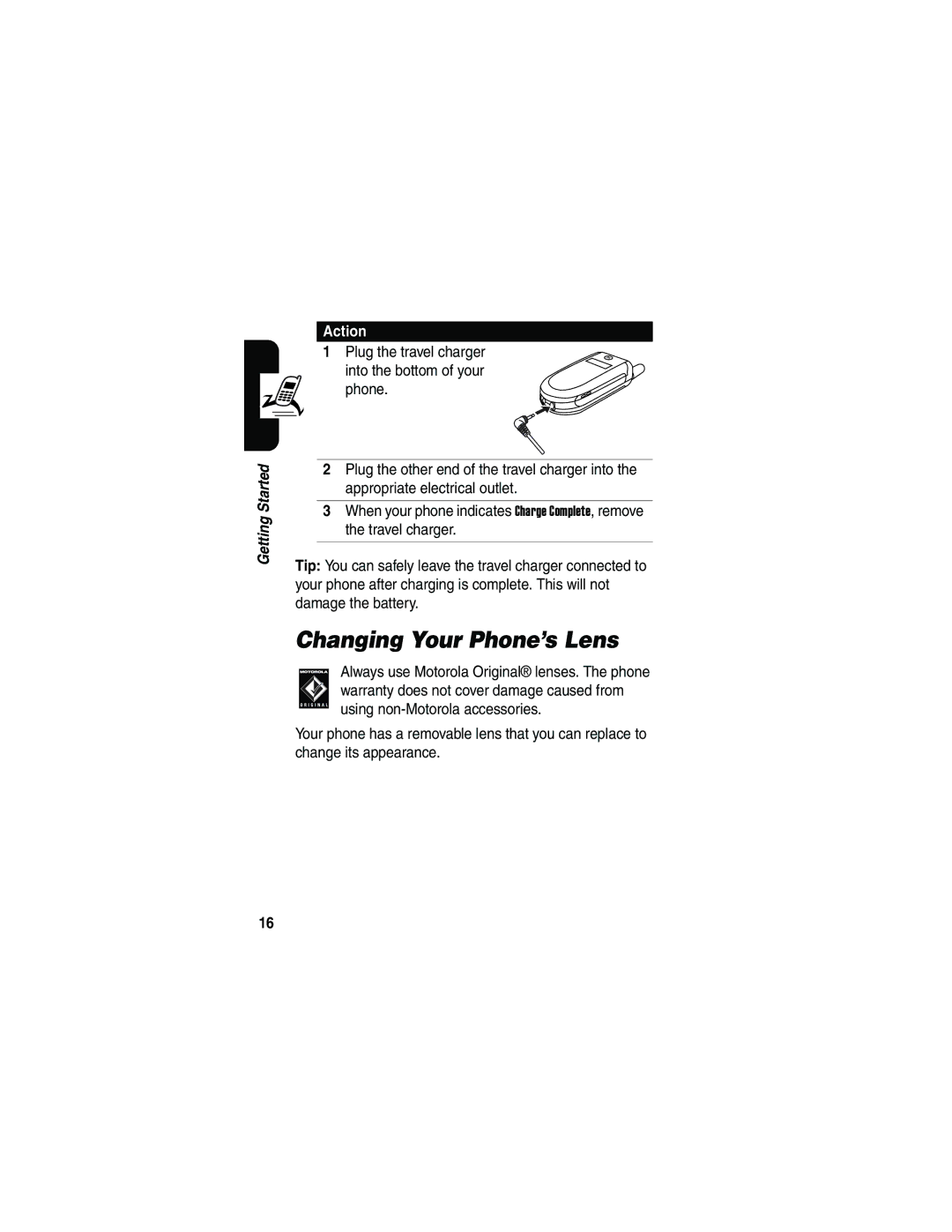 Motorola V180 manual Changing Your Phone’s Lens, Action 