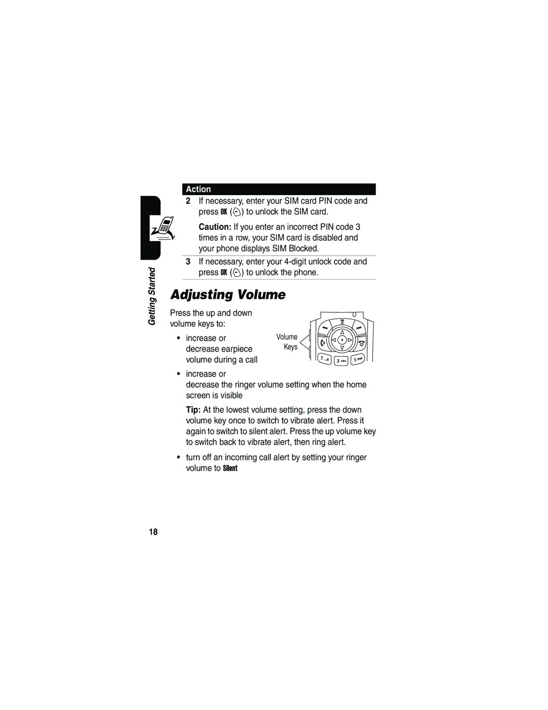 Motorola V180 manual Adjusting Volume, Press the up and down volume keys to Increase or, Decrease earpiece 