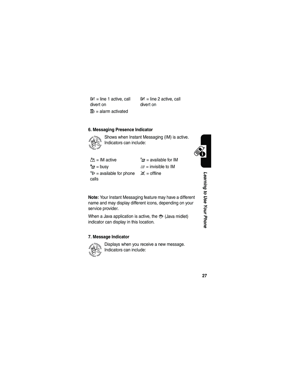 Motorola V180 manual Messaging Presence Indicator, Message Indicator 