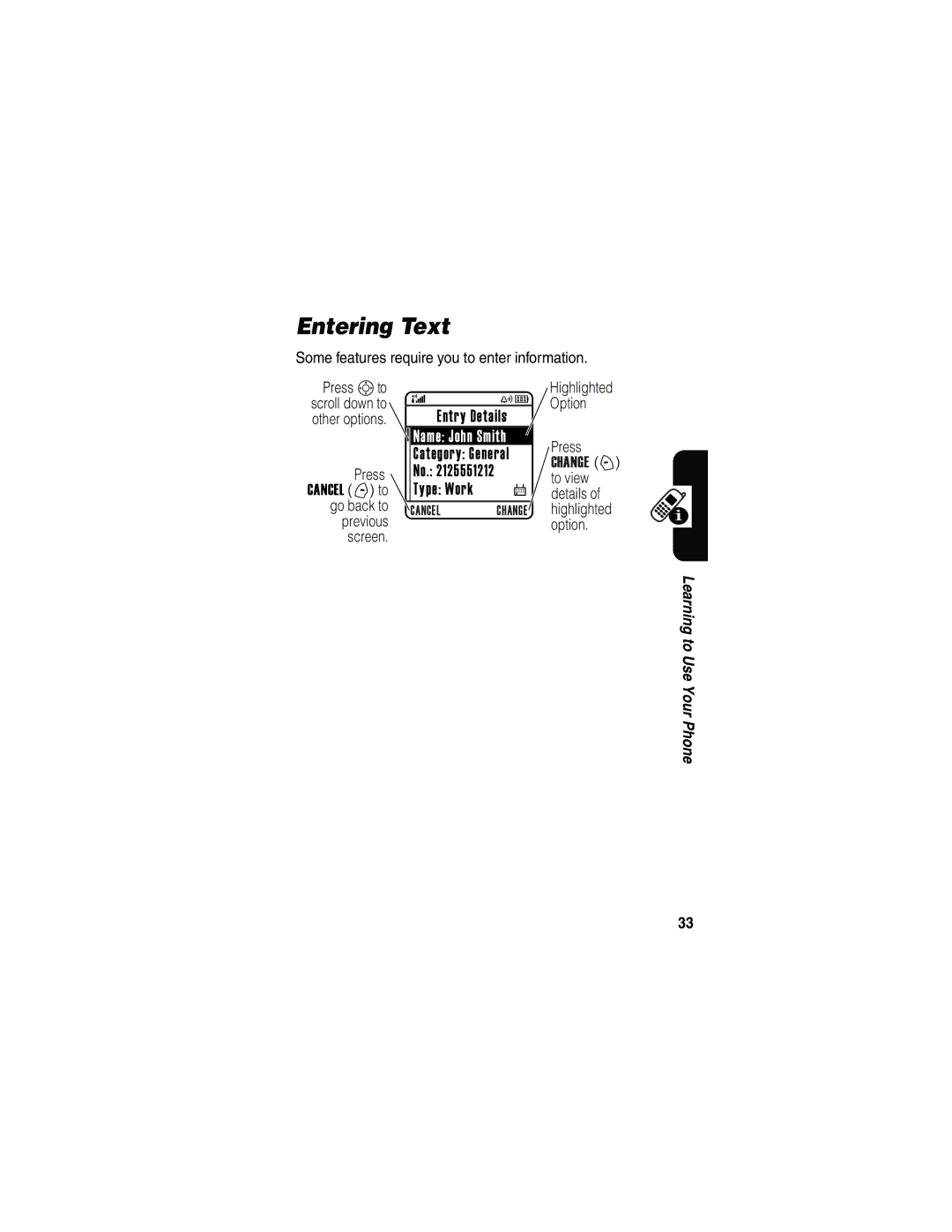 Motorola V180 manual Entering Text, Some features require you to enter information, To view, Details 