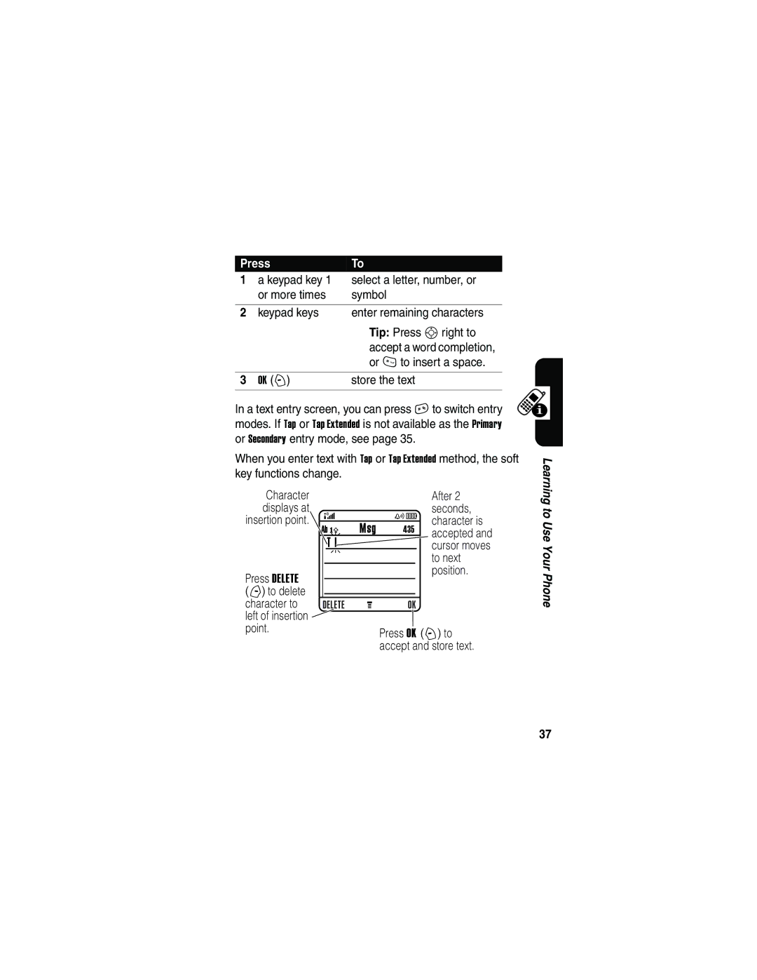 Motorola V180 manual Or * to insert a space, Store the text, Press Delete, After, Seconds, To next, Position, Press OK + to 