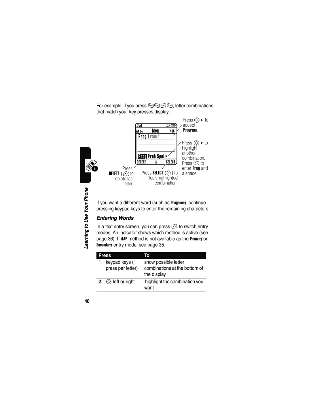 Motorola V180 manual Entering Words 