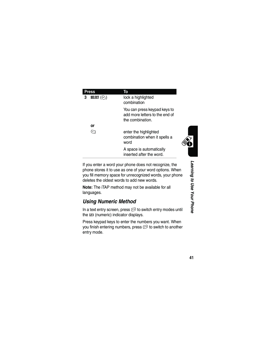 Motorola V180 manual Using Numeric Method 