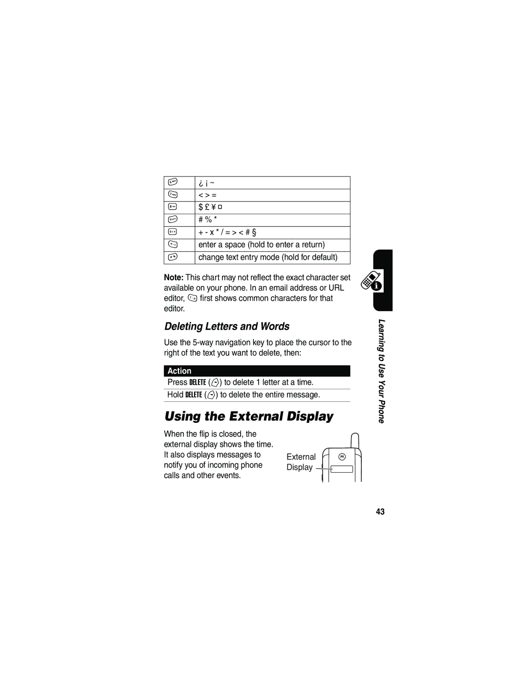 Motorola V180 manual Using the External Display, Deleting Letters and Words 