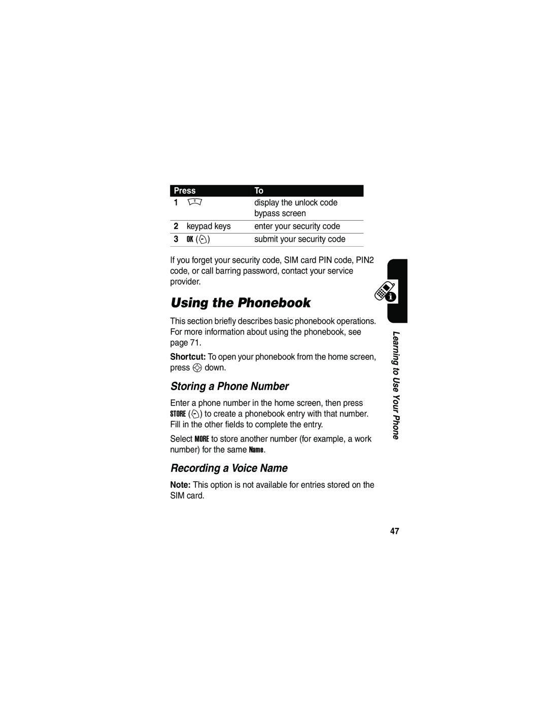 Motorola V180 manual Using the Phonebook, Storing a Phone Number, Recording a Voice Name 