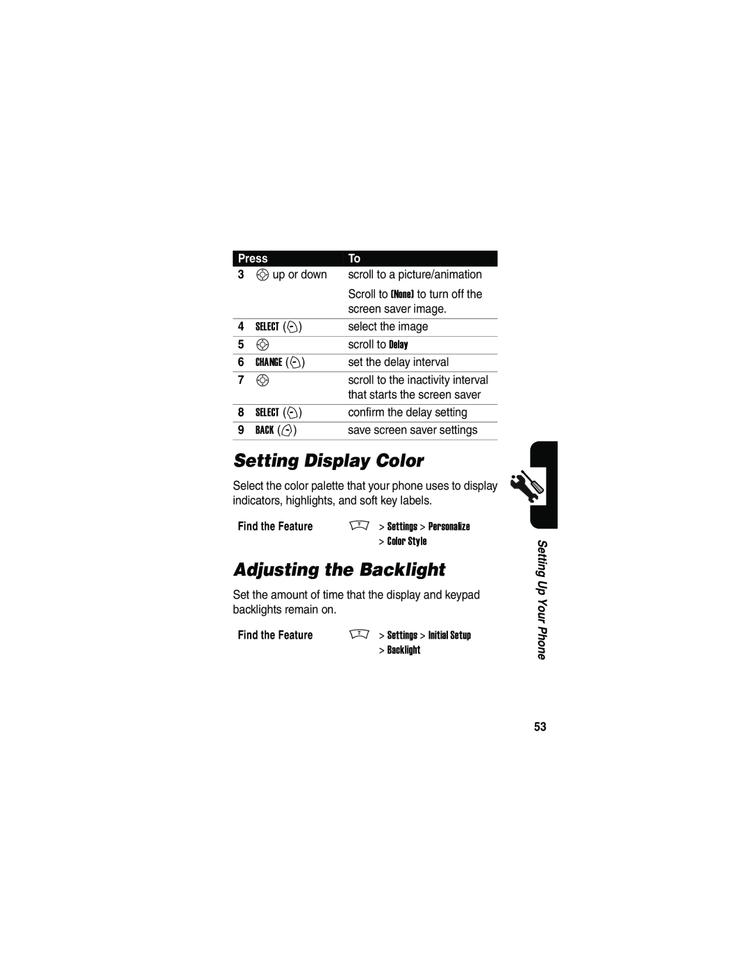 Motorola V180 manual Setting Display Color, Adjusting the Backlight 