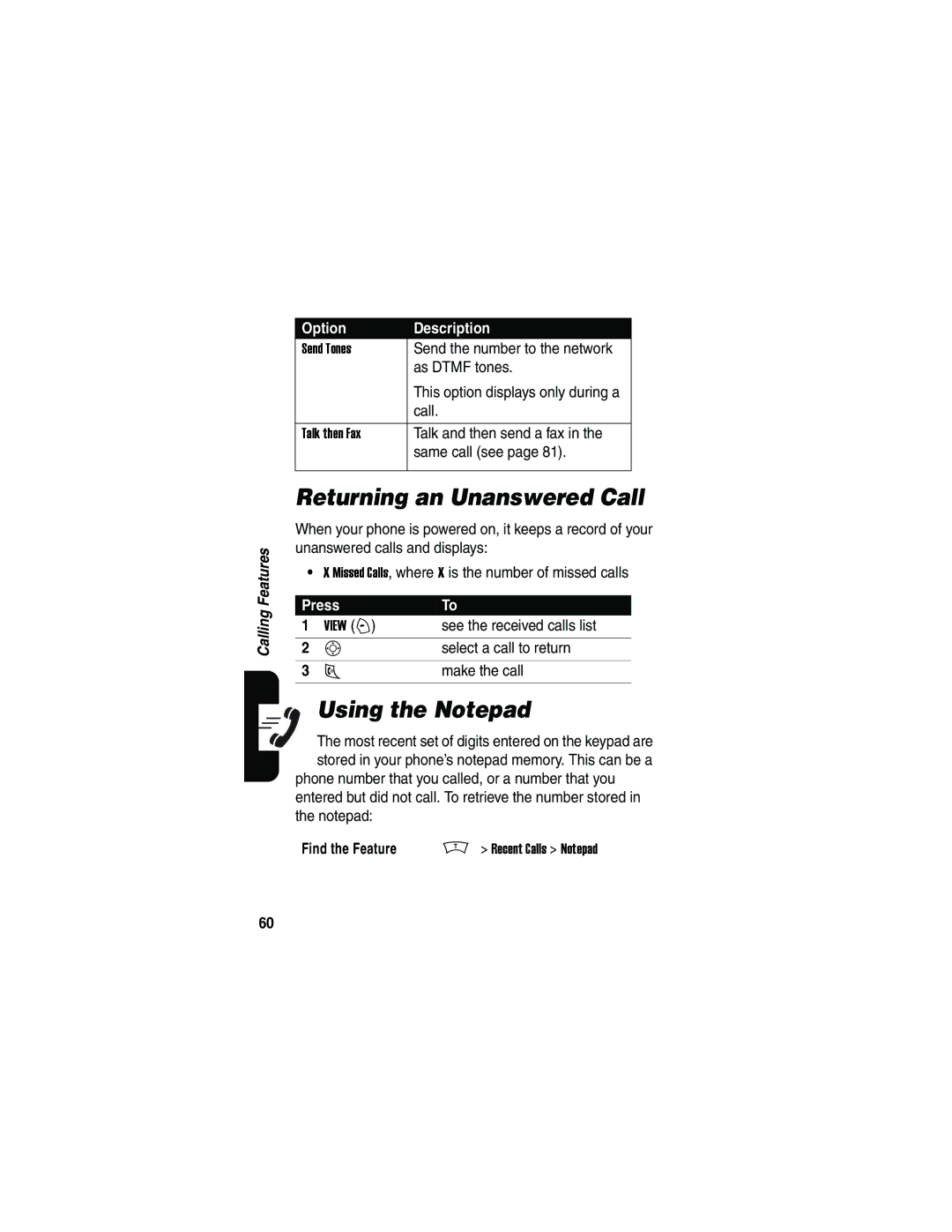 Motorola V180 manual Returning an Unanswered Call, Using the Notepad 