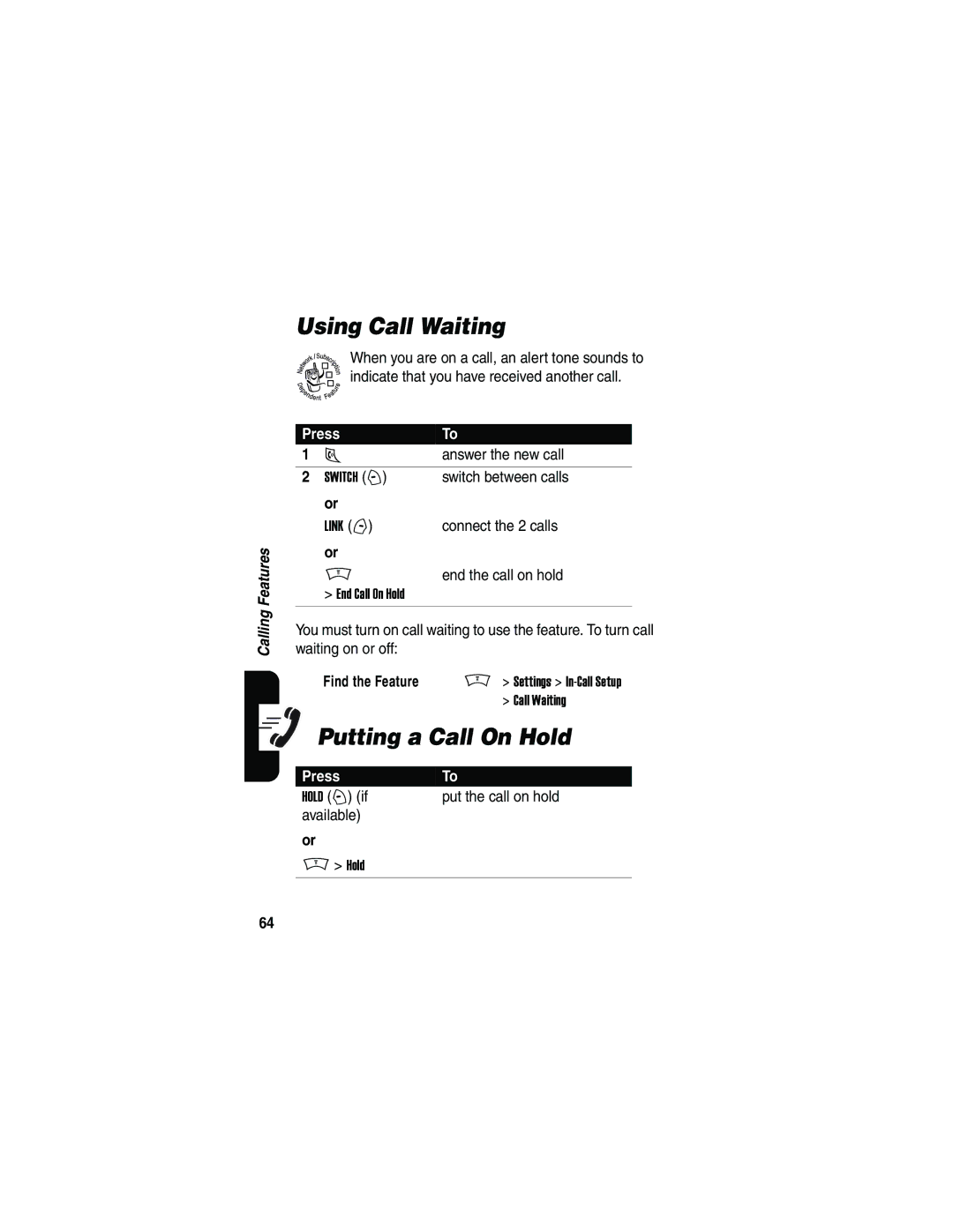 Motorola V180 manual Using Call Waiting, Putting a Call On Hold 