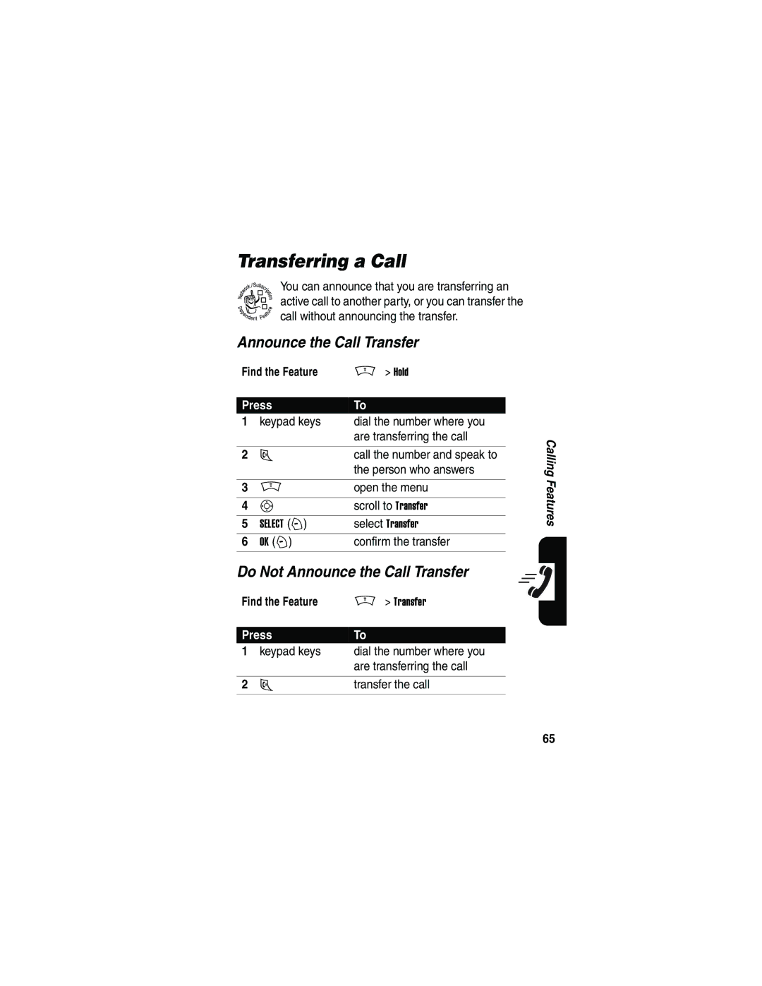 Motorola V180 manual Transferring a Call, Do Not Announce the Call Transfer 