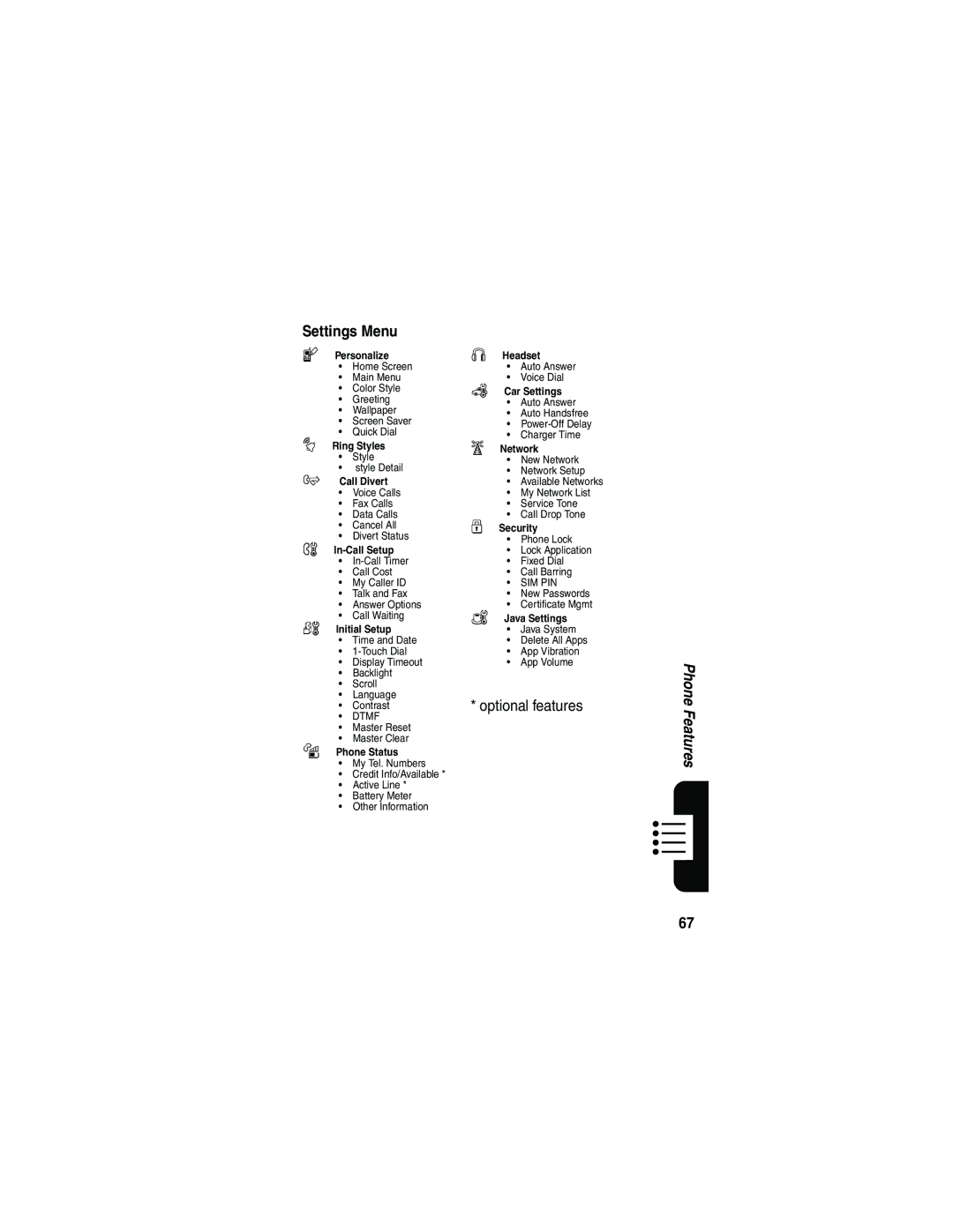 Motorola V180 manual Settings Menu, Initial Setup 