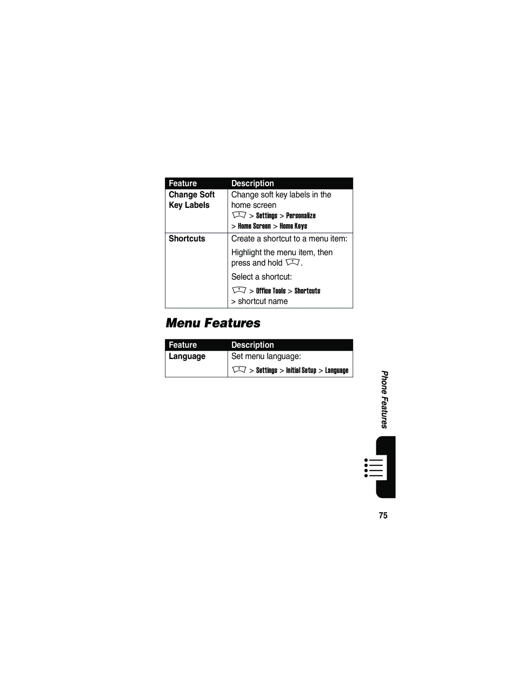 Motorola V180 manual Menu Features, Change Soft, Key Labels, Shortcuts, Language 