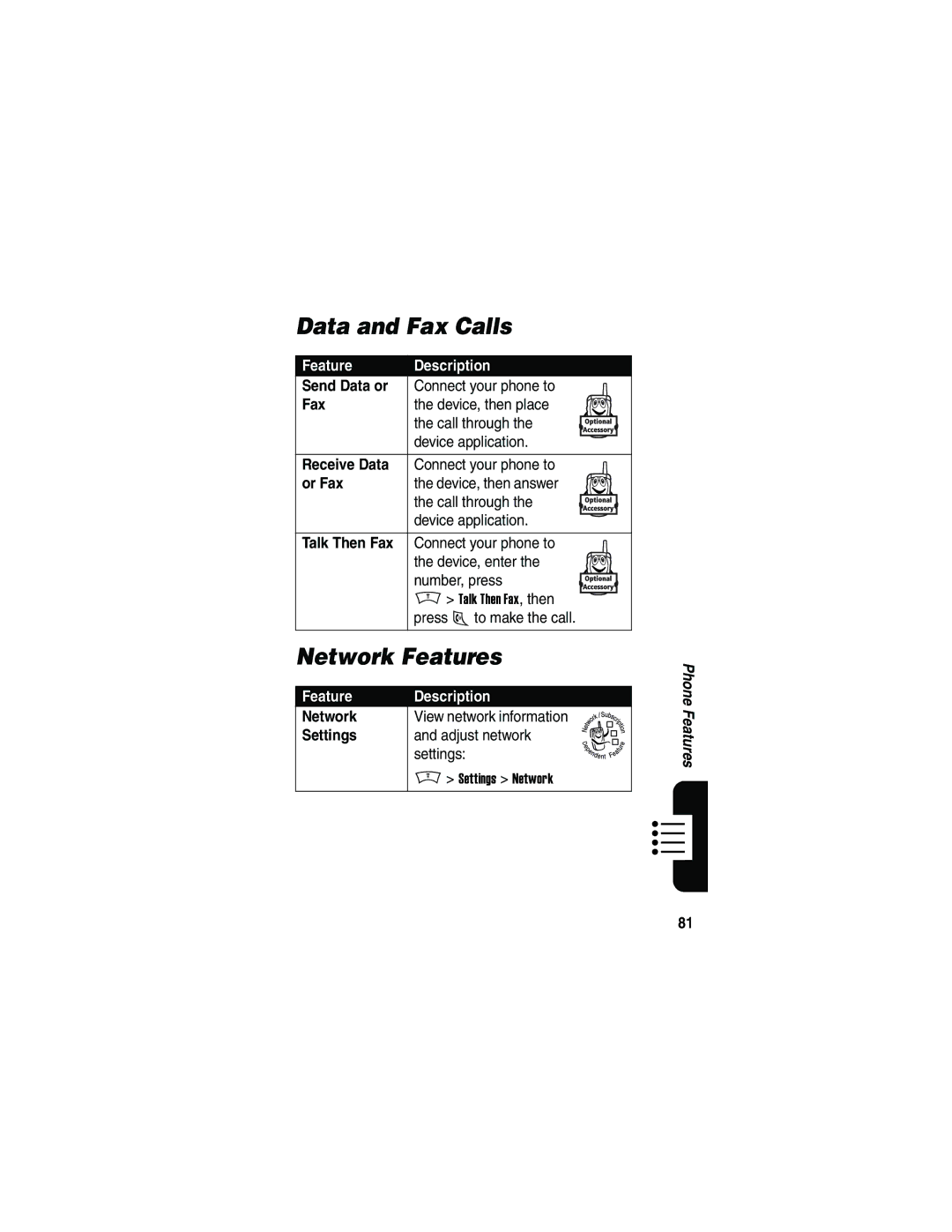 Motorola V180 manual Data and Fax Calls, Network Features 