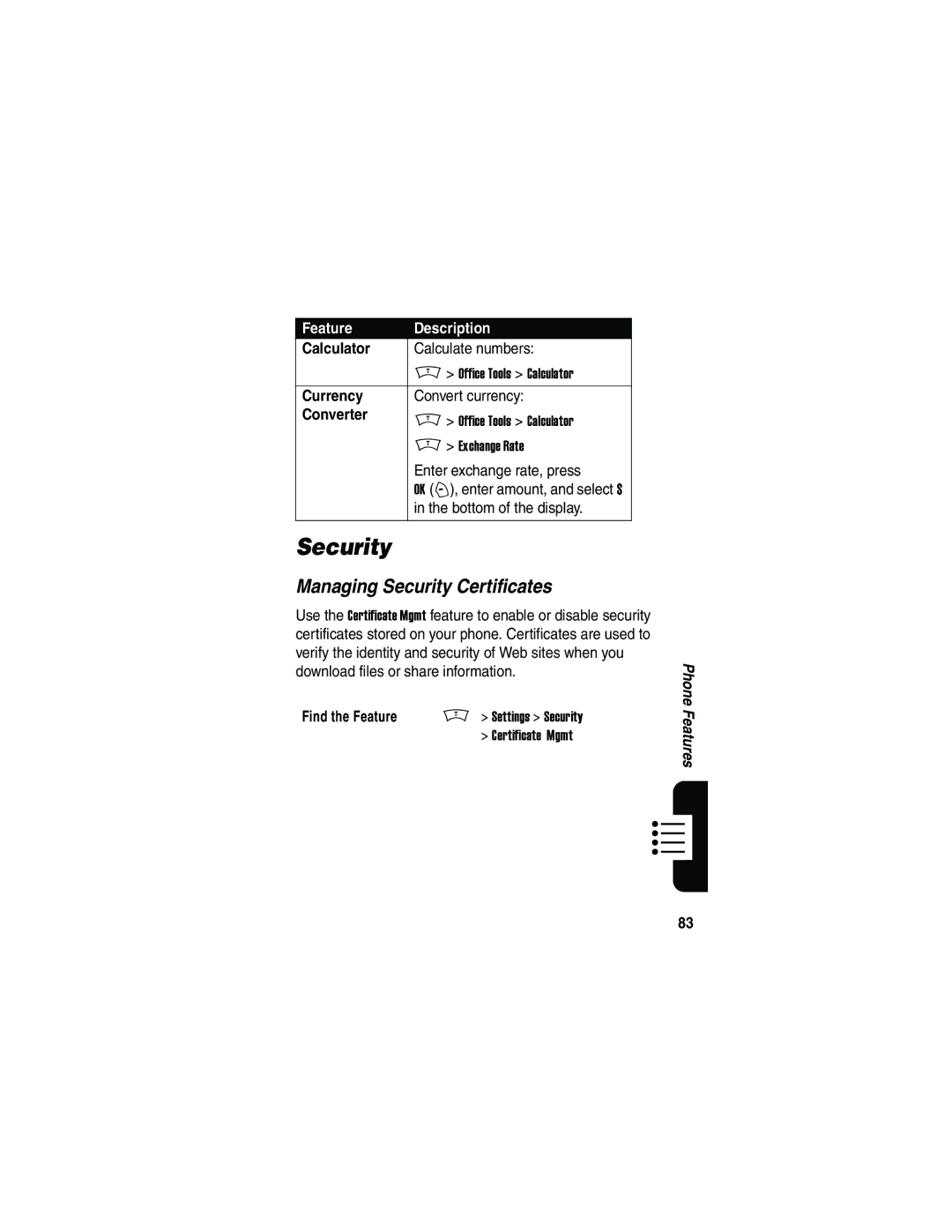 Motorola V180 manual Managing Security Certificates, Calculator, Currency, Converter 