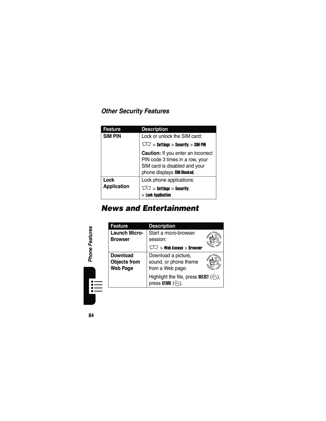 Motorola V180 manual News and Entertainment, Other Security Features 