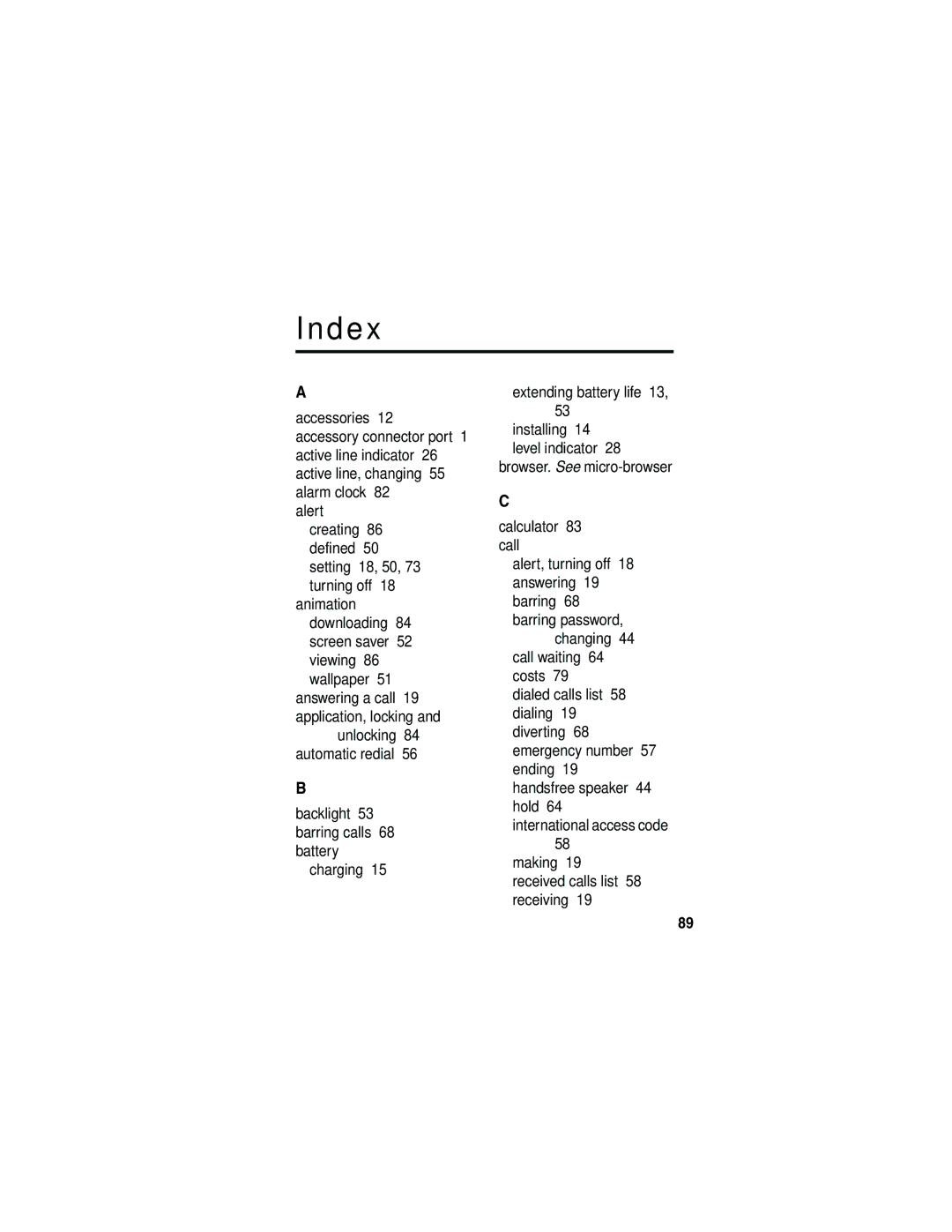 Motorola V180 manual Index 