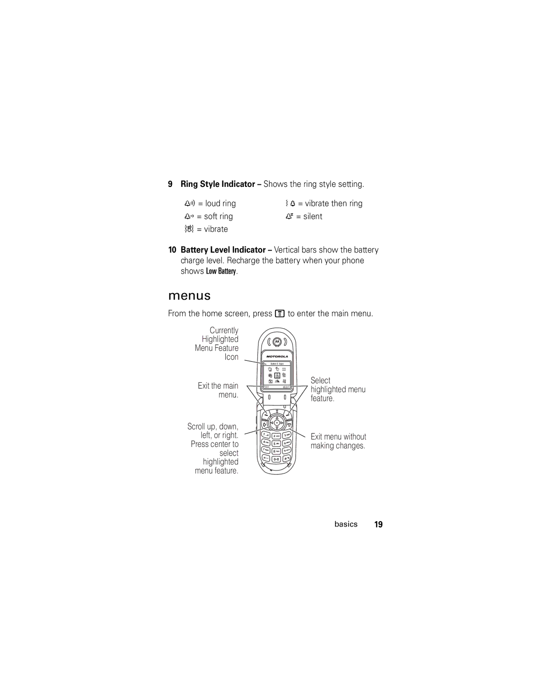 Motorola V186 manual Menus, Currently Highlighted Menu Feature Icon 