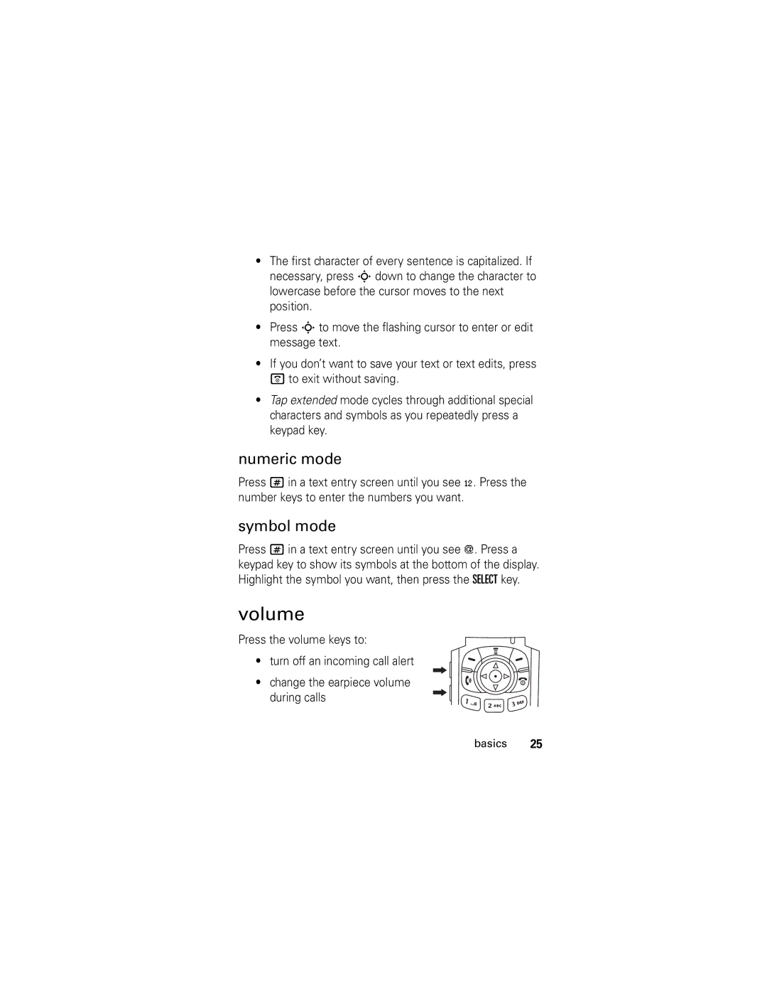 Motorola V186 manual Volume, Numeric mode 