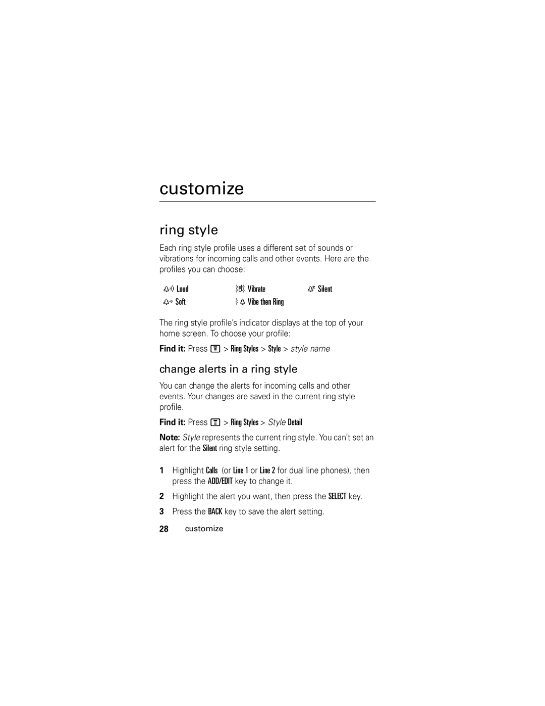 Motorola V186 manual Customize, Ring style 