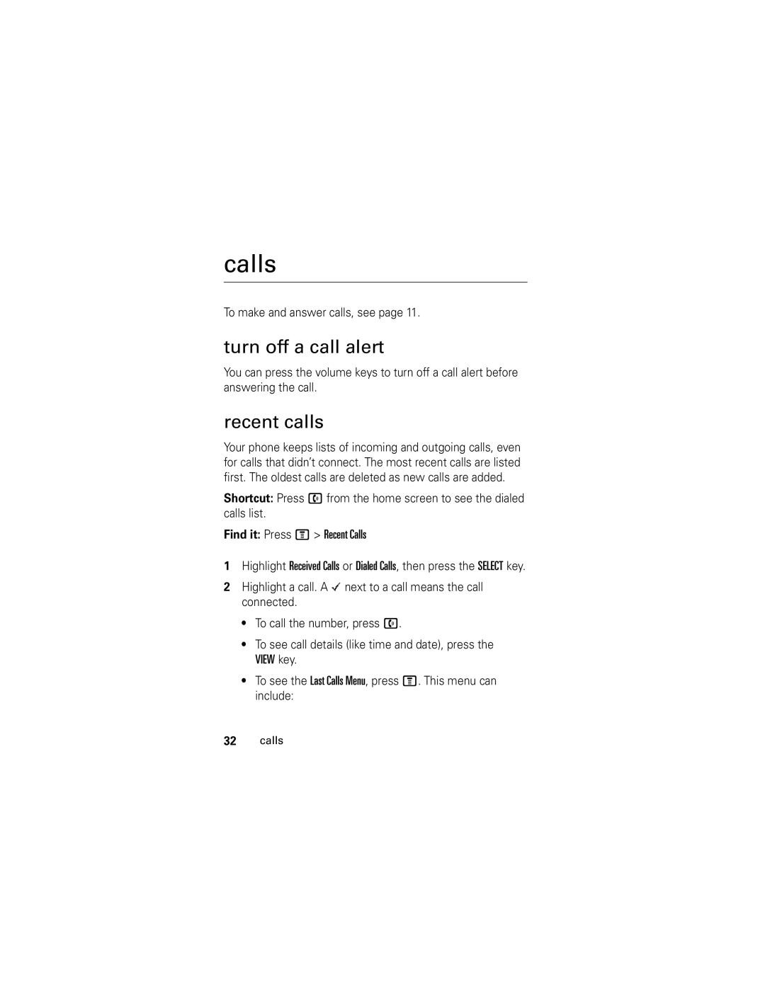 Motorola V186 manual Calls, Turn off a call alert, Recent calls 