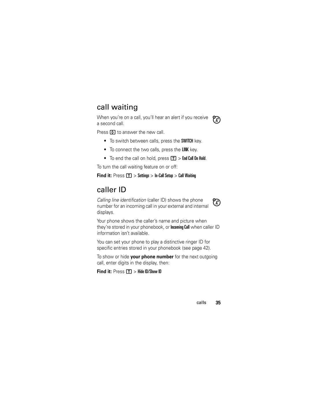 Motorola V186 manual Call waiting, Caller ID 