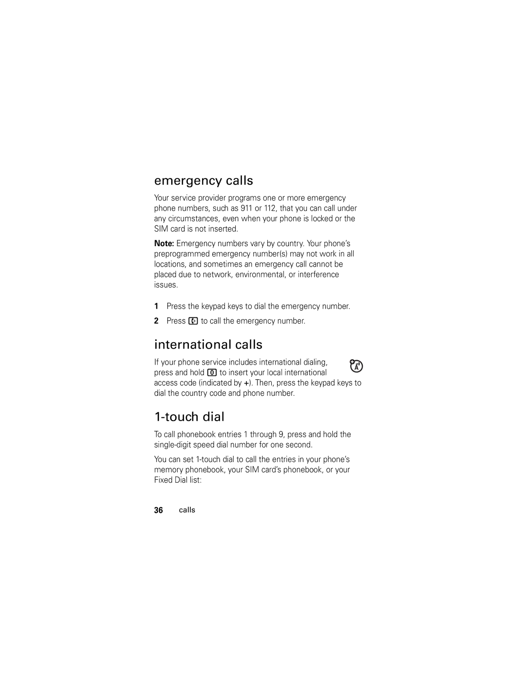 Motorola V186 manual Emergency calls, International calls, Touch dial 